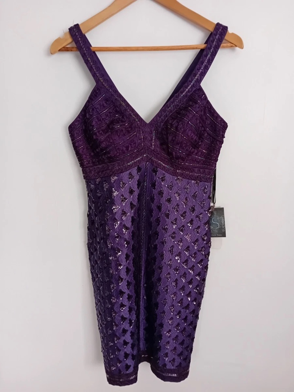 Sue Wong Purple Beaded V-Neck Cocktail Dress